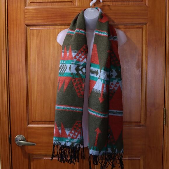 Urban Outfitters Oversized Southwestern Scarf | Olive & Rust Aztec Pattern - Picture 7 of 13